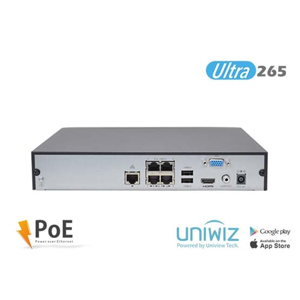 UNIWIZ NVR-104E2-P4 4 KANAL (4 POE) 8MP H265 1X6TB HDD HDMI&VGA NVR