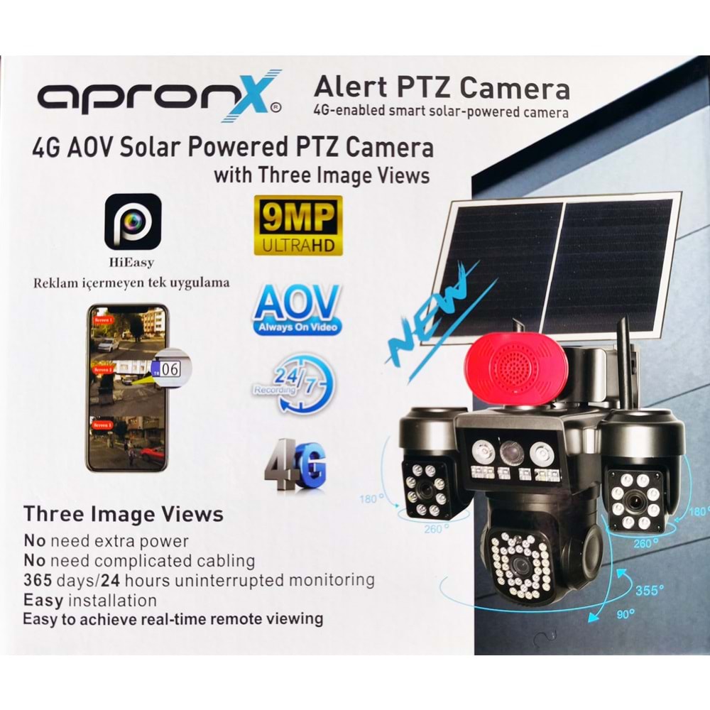 Apronx APX-WSP795 9Mp Aov 4G Solar 3 Kamera 60 Led Ptzz