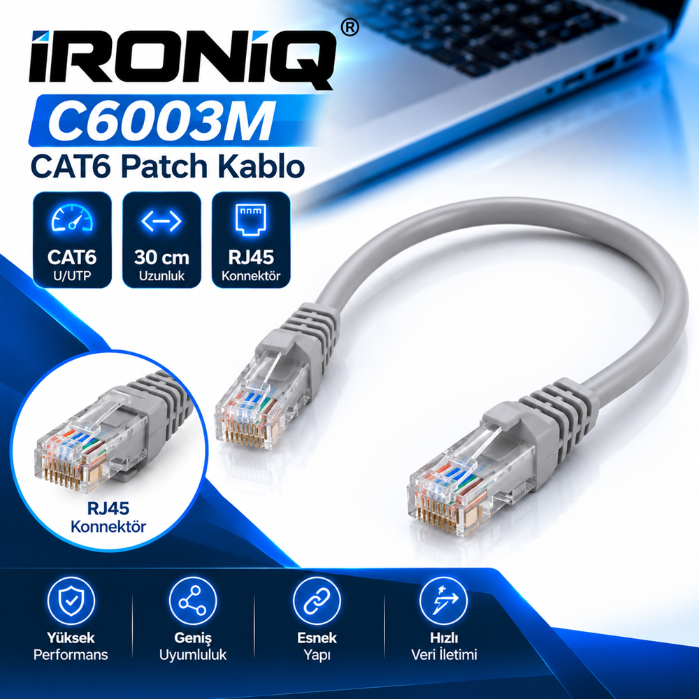 İRONİQ C6003M CAT6 0.30CM GRİ PATCH KABLO