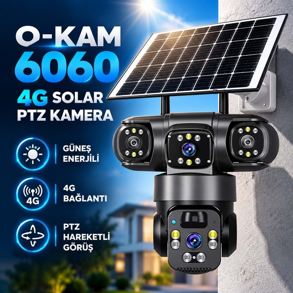 O-Kam 6060 4G 6Mp 3 Dual Lens - Solar Panel - Sim Kart Destekli - Ptz Kamera