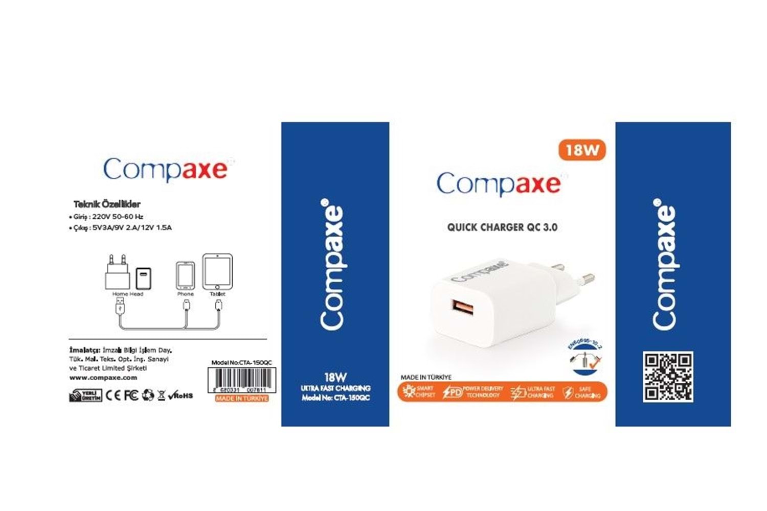 COMPAXE CTA-150QC 18W 5V3A/ 9V 2A/ 12V 1.5A QC ADAPTÖRBEYAZ
