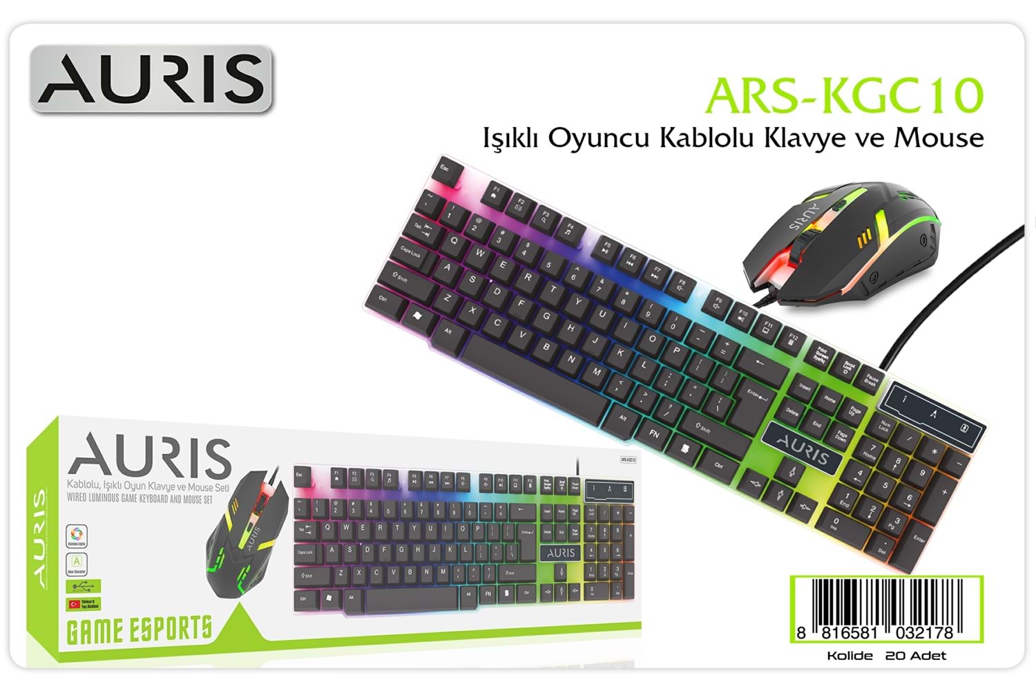 AURIS KGC10 KABLOLU OYUNCU KLAVYE MOUSE SET LED Q SİYAH