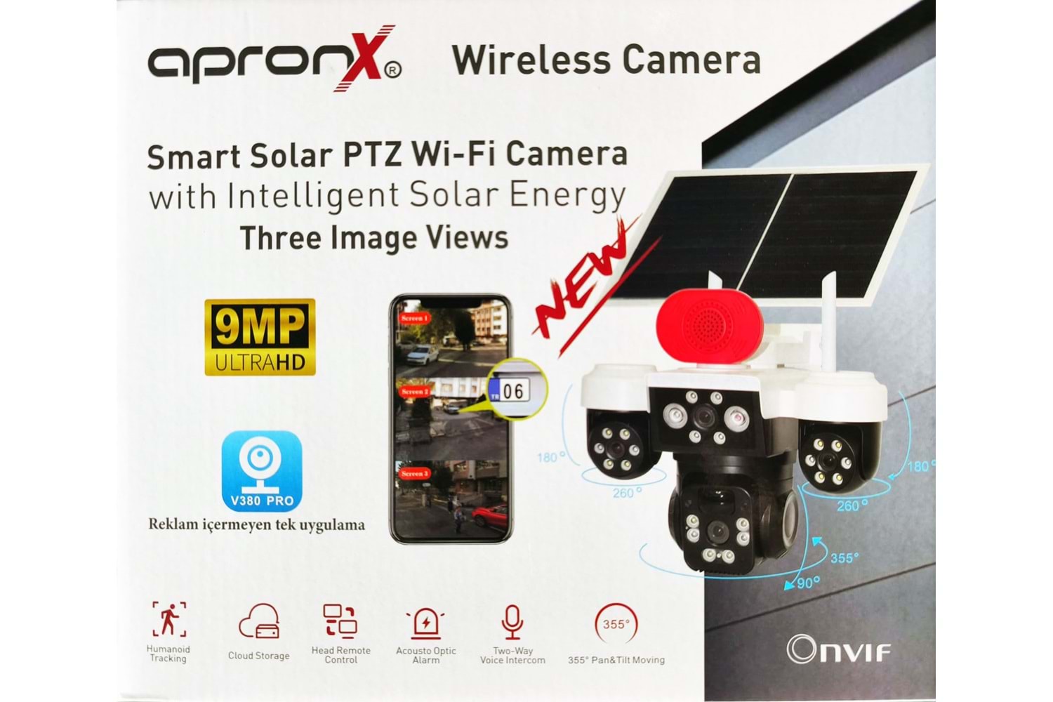 APRONX APX-WSP296 9MP 3.6mm SOLAR WIFI 3 KAMERA 24 LED PTZ