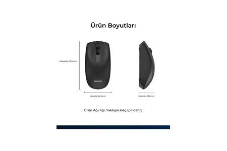 Philips SPK7398 Kablosuz 1600DPI 3 Tuşlu Optik Sessiz Mouse Siyah
