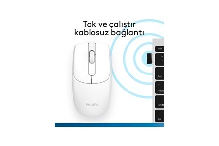 Philips SPK7398 Kablosuz 1600 DPI 3 Tuşlu Optik Sessiz Mouse Beyaz