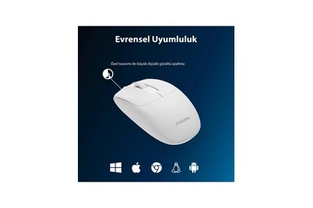 Philips SPK7398 Kablosuz 1600 DPI 3 Tuşlu Optik Sessiz Mouse Beyaz