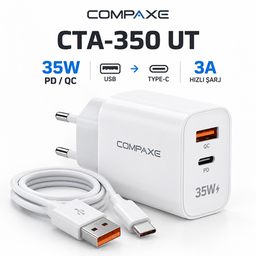 COMPAXE CTA-350 UT 35WPD/QC + USB TO TYPE C 3 AKABLOLU SET BEYAZ