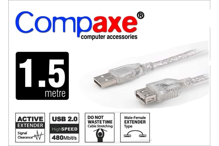 COMPAXE CUK150 1.5M ŞEFFAF FİLT. USB UZATMA KABLO