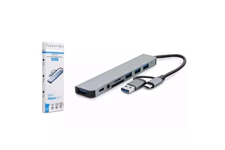GABBLE TY-8801 8IN 1 ÇEVİRİCİ TF/SD USB 2.0-3.0 TYPE-C 3.5 AUDİO