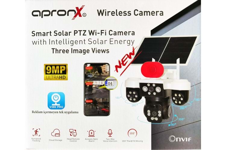 APRONX APX-WSP296 9MP 3.6mm SOLAR WIFI 3 KAMERA 24 LED PTZ