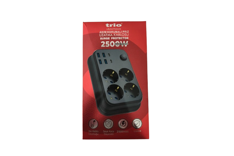 TRİO TR3442 4 LÜ (4*USB+2*TYPE-C) 2500W 2MT AKIM KORUMALI PRİZ